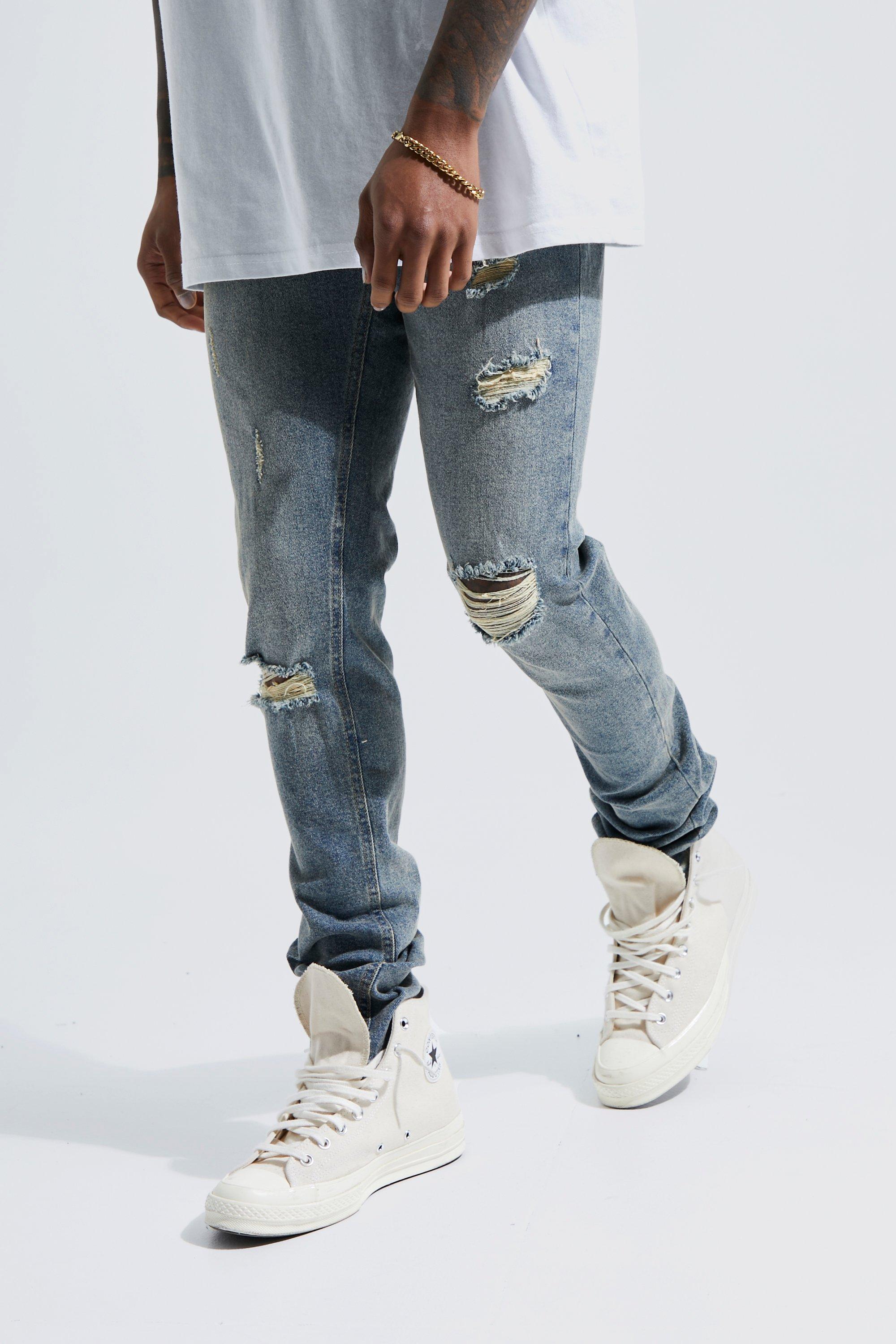 Men's Skinny Stretch Stacked Busted Knee Jeans | Boohoo UK